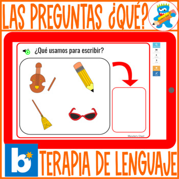 Preview of Spanish Speech Therapy Preguntas ¿Qué? Boom Cards Terapia Lenguaje Questions 