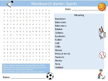 Preview of Spanish Sports PE Vocabulary Starter Wordsearch Crossword Homework