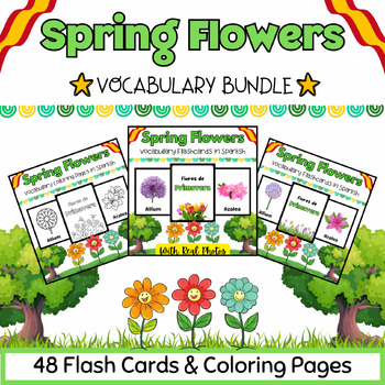Preview of Spanish Spring Flowers 48 Coloring Pages & Flash Cards BUNDLE for PreK-Kinder