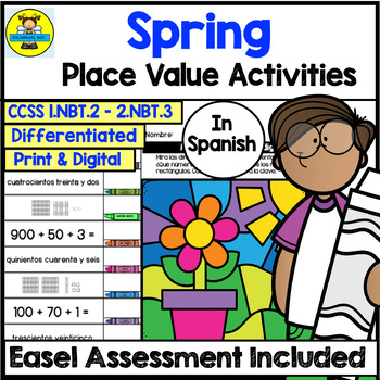 Preview of Spanish Spring Place Value Math Activities and Digital Assessment