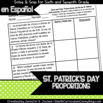 Preview of Spanish St. Patricks Day Math Activity Proportions | Solve and Snip®