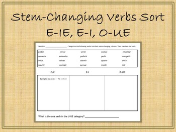 Preview of Spanish Stem Changing Verbs Sort Categorize e-ie, e-i, o-ue, u-ue all