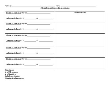 Preview of Spanish Student Weekly Warmup Sheet