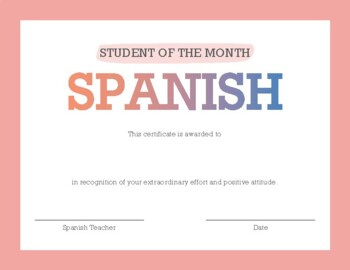 Spanish Student of the Month Certificate by Profesora Canisalez TpT