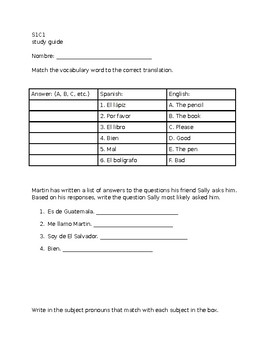 Preview of Spanish Study Guide (S1C1) - AR/ER/IR verbs, Subject Pronouns, Questions, Vocab