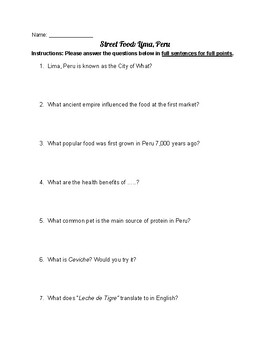 Preview of Spanish Sub Plan/Simple Activity: YouTube Video Guided Questions on Peru