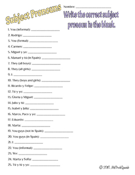 Preview of Spanish Subject Pronouns Practice