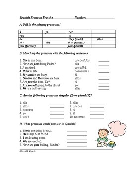 Spanish Subject Pronouns Review Worksheet: Pronombres Sujetos (Quiz)