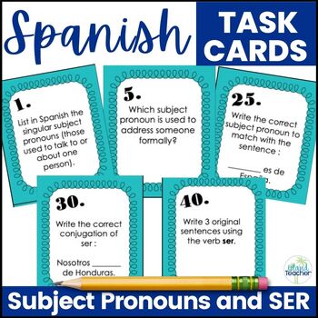 Preview of Spanish Subject Pronouns and Ser Task Cards Activity