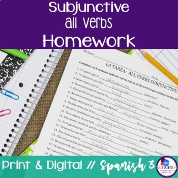 Preview of Spanish Subjunctive all verbs Homework - print and digital worksheet