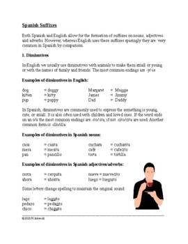 Preview of Spanish Suffixes Handout + Worksheet: Sufijos Diminutivos y Aumentativos