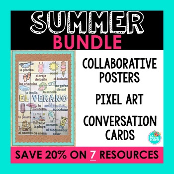 Preview of Spanish Summer Activities Bundle Collaborative Posters, Pixel Art, Conversation