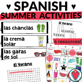 Preview of End of Year Spanish Summer Activities El Verano Vocabulary Word Search Bingo