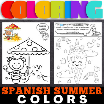 Preview of Spanish Summer Basic Colors in Coloring Book Worksheets Pre-K and Kindergarten