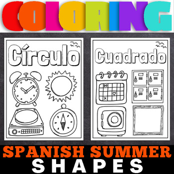 Preview of Spanish Summer Basic Shapes in Coloring Book Worksheets Pre-K and Kindergarten