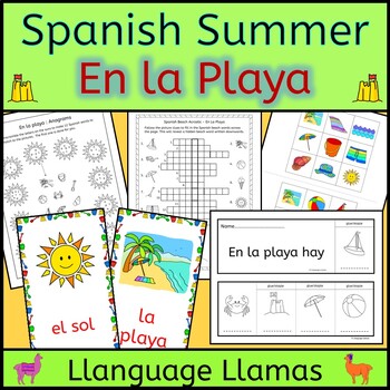Preview of Spanish Summer Beach Vacation - En la playa - vocab activities, puzzles, bingo