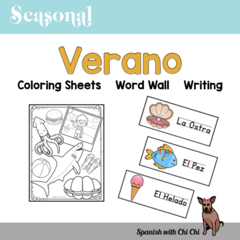 Preview of Spanish Summer Coloring, Word Wall Cards, and Writing | Hojas de Verano