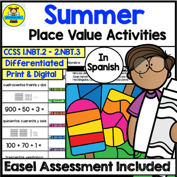Preview of Spanish Summer Place Value Math Activities and Digital Assessment