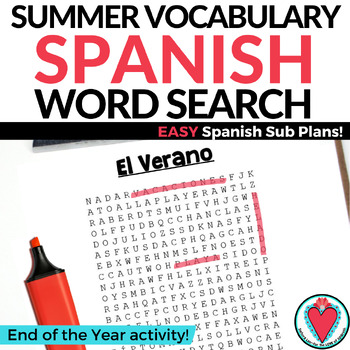 Preview of End of Year Spanish Activity Summer Vocabulary Word Search El Verano Worksheet