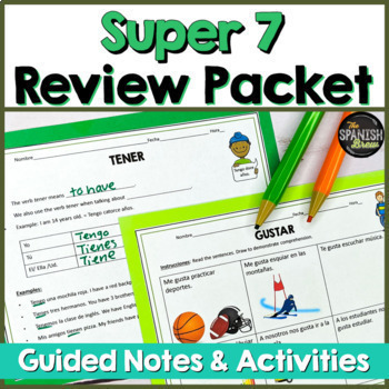 Preview of Spanish Super 7 review packet w Guided notes & Activities | High frequency verbs