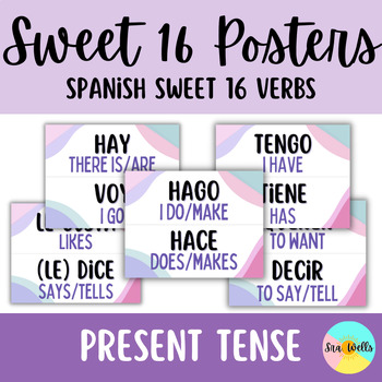Preview of Spanish Sweet 16 Posters High Frequency Verbs Word Wall Present Tense Printables