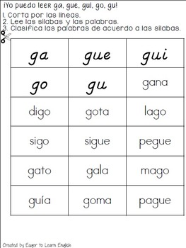 Las Sílabas (Spanish Syllables) #9 - GA, GUE, GUI, GO, GU (including GE ...