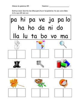 spanish kindergarten worksheets over syllables