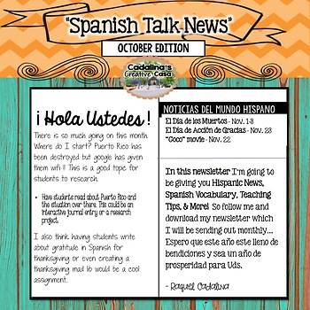 Preview of Spanish Talk Newsletter November Edition Cadalina's Creative Casa with Freebies