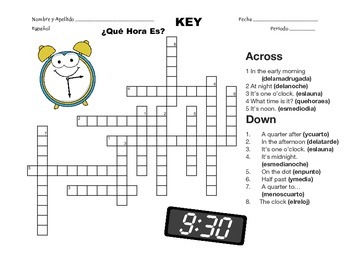 Spanish Telling Time Crossword - ¿Qué Hora Es? by Profe Gillis | TpT