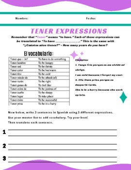 Preview of Spanish Tener Expression Worksheet Practice: FREE!