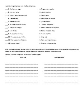 Spanish Tener Expressions Practice Worksheet by Little Language Shop