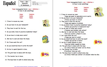 Spanish Tener Que + Infinitive 12 Translations Worksheet by Sue Summers