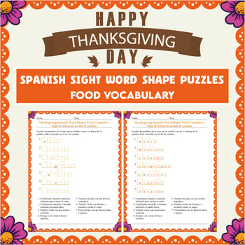 Preview of Spanish Thanksgiving Day Sight Word Shape Puzzles  Food Vocabulary No Prep