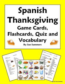 Preview of Spanish Thanksgiving Foods Game Cards, Flashcards, Quiz, and Vocabulary