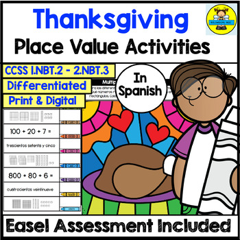 Preview of Spanish Thanksgiving Place Value Math Activities and Digital Assessment