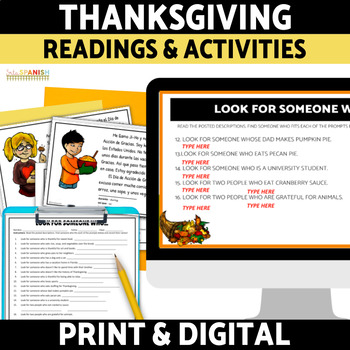 Preview of Spanish Thanksgiving Plans | El Día de Acción de Gracias Reading & Activities