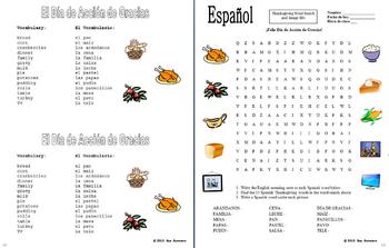 Spanish Thanksgiving Word Search, IDs and Vocabulary Reference by Sue