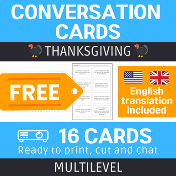 Preview of Spanish Thanksgiving Conversation cards. FREE printable Speaking Activity