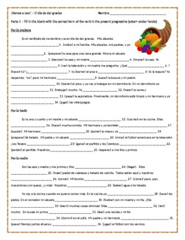 Preview of Spanish Thanksgiving reading comprehension / Present Progressive Practice