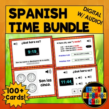 Preview of SPANISH TIME BOOM CARDS BUNDLE ⭐ Spanish Boom Cards ⭐ Spanish Telling Time Cards