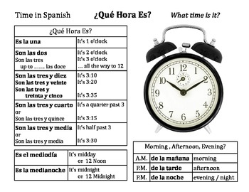 Spanish Time Chart Que Hora Es? by Bill Donnelly | TpT