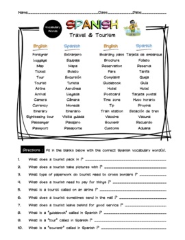 Preview of Spanish Travel & Tourism Vocabulary Word List Worksheet & Answer Key