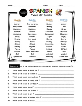 Spanish Types Of Sports Vocabulary Word List Worksheet Answer Key