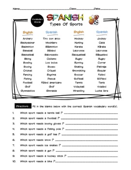 Spanish Types Of Sports Vocabulary Word List Worksheet & Answer Key