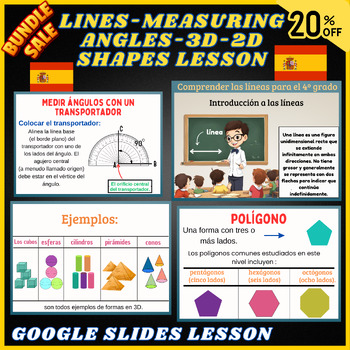 Preview of Spanish Types of Lines,Measuring Angles,2D-3D Shapes,Google Slides Lesson Bundle