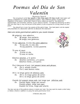 Preview of Spanish Valentine Poems - Guided writing - Beginning to Advanced