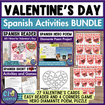 Preview of Spanish Valentine's Day Bundle, Valentine's cards, easy reader, poem project