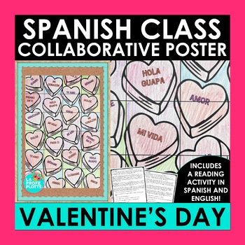 Preview of Spanish Valentines Day Conversation Hearts Collaborative Poster Reading Activity