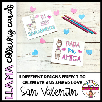 Preview of Spanish Valentine's Llama Coloring Cards
