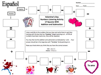 Preview of Spanish Valentine's Day Numbers and Math Listening Activity